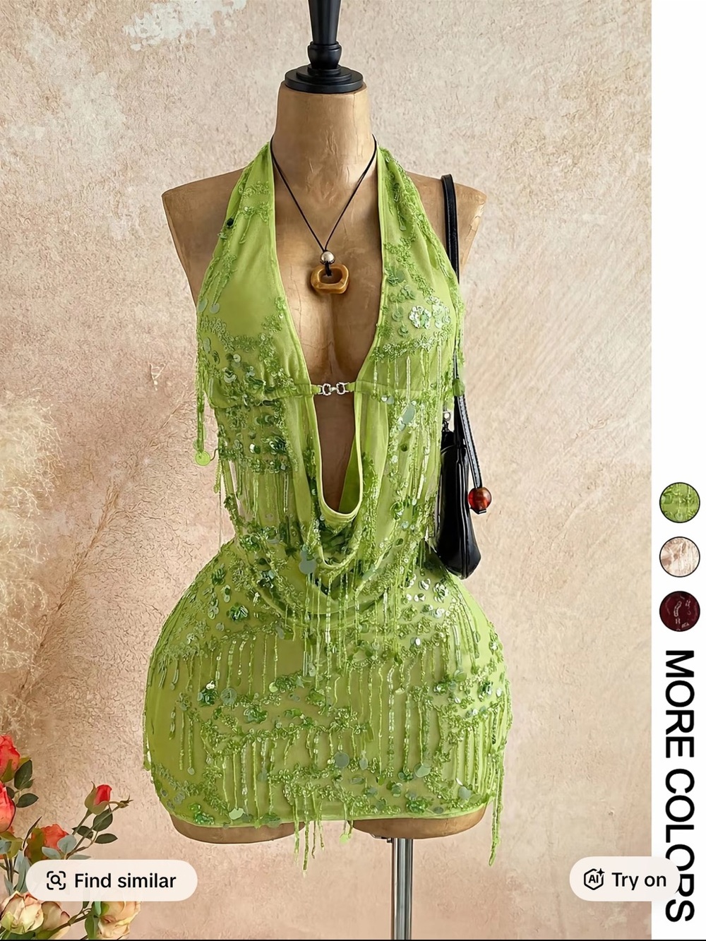 Lime Green Beaded Halter Mini Dress